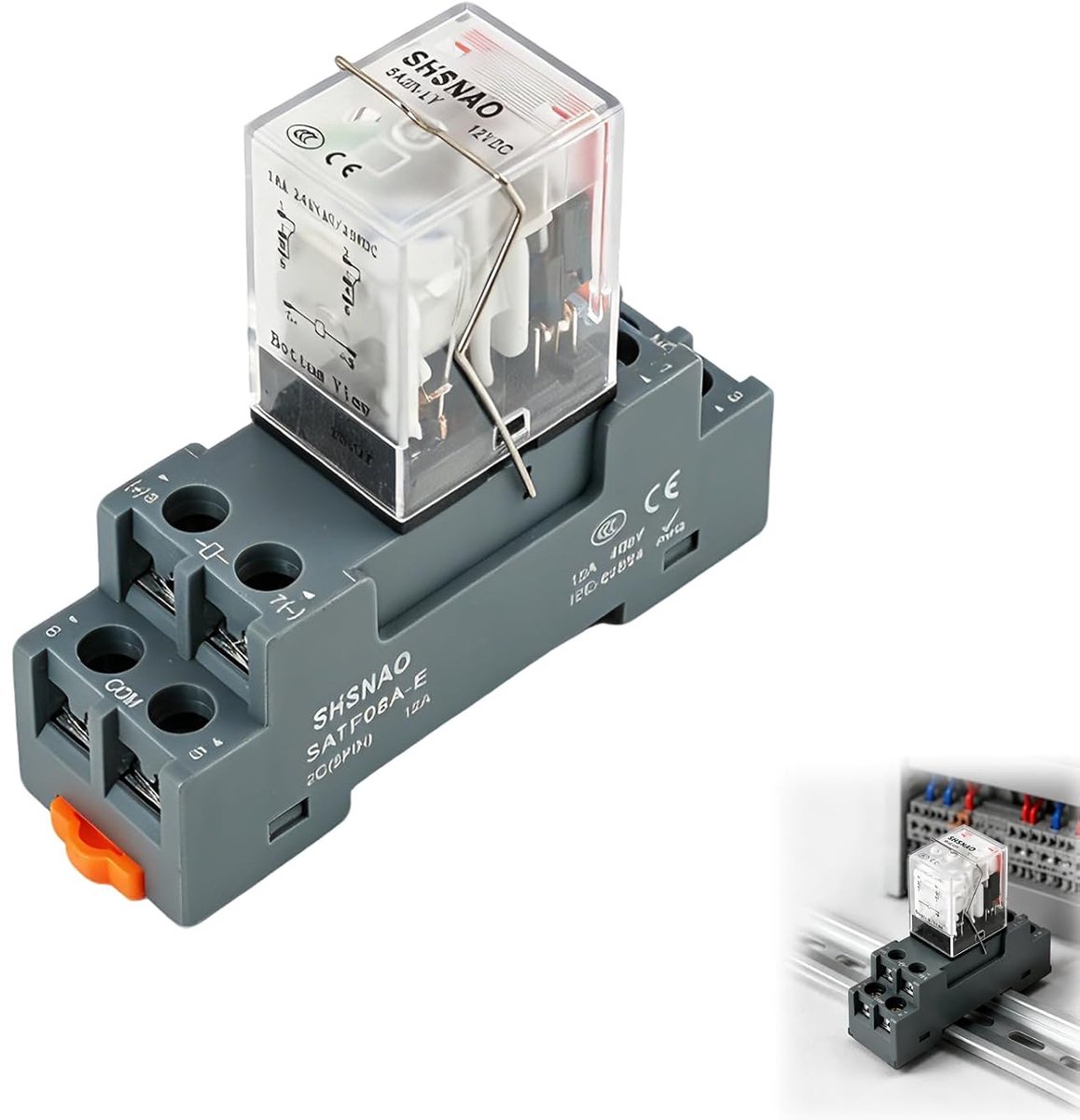 Electromagnetic relay 12 V DC, DPDT 2NO 2NC, power relay 8-pole 10 A with pilot light, DIN rail holder 35 mm, plug and - ShopVlot