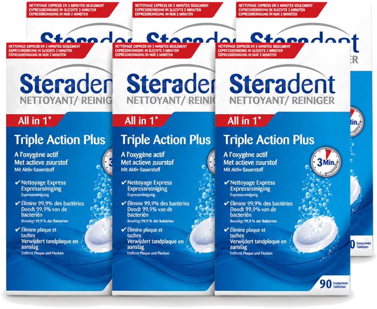 6 x Steradent - Kunstgebitreiniger - Tegen Tandplak En Aanslag - 90 Tabletten - Voordeelverpakking - 6 stuks