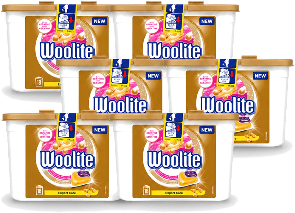 6 x Woolite Expert Care - Wasmiddelcapsules - Met Keratine - Delicate Was - 18 Wasbeurten - Voordeelverpakking - 6 stuks