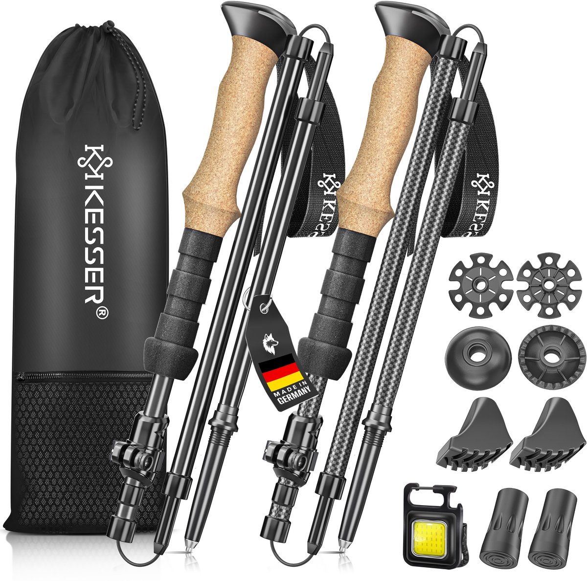 KESSER® Wandelstokken - opvouwbare trekkingstokken carbon - kurken greep - verstelbaar 115-135 cm