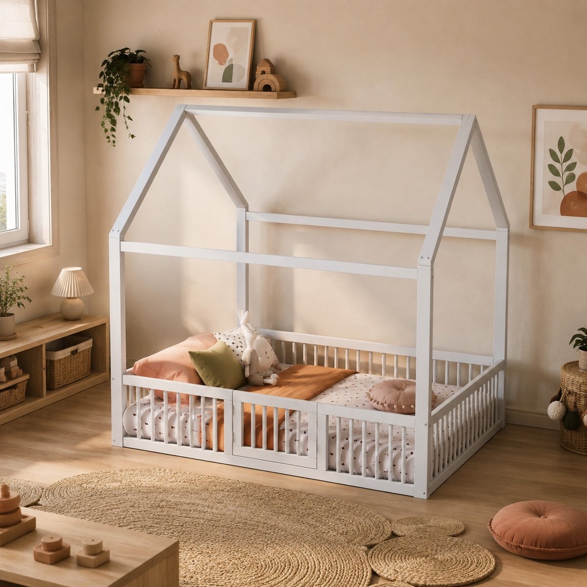 WUVRIE Huisbed 140x200 cm met veiligheidshek, deurtje en lattenbodem voor kinderkamer, wit