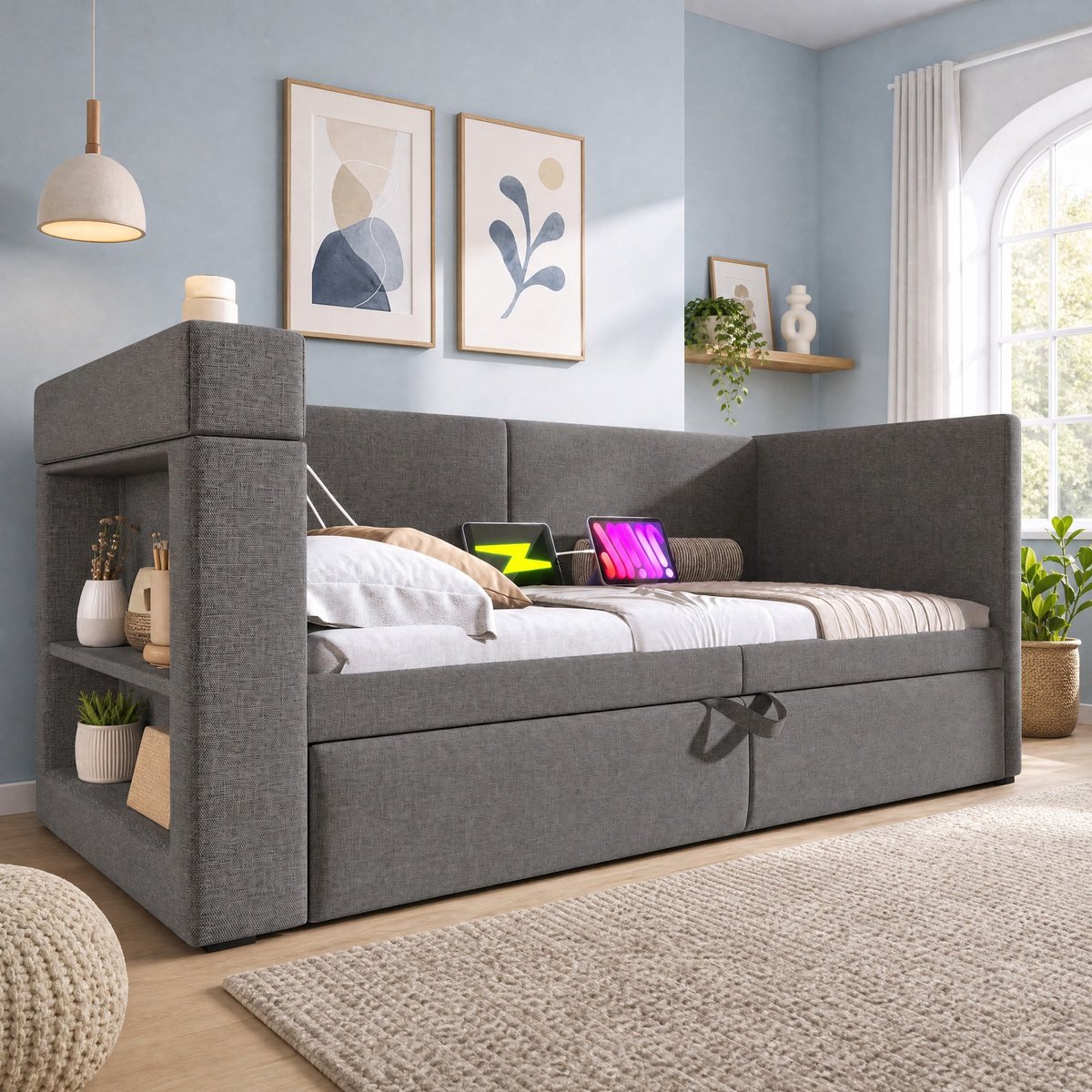 WUVRIE Slaapbank 90x200 cm met uitschuifbed, USB en Type-C, drinkhouders en opbergruimte, grijs