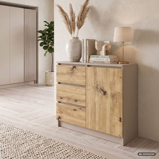 Taupe dressoir met 3 lades aan de linkerzijde en 1 Artisan eiken deur aan de rechterzijde.