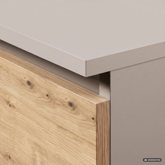 Close-up van een nachtkastje met een crème-kleurig bovenblad en een houten front met natuurlijke houtnerf.