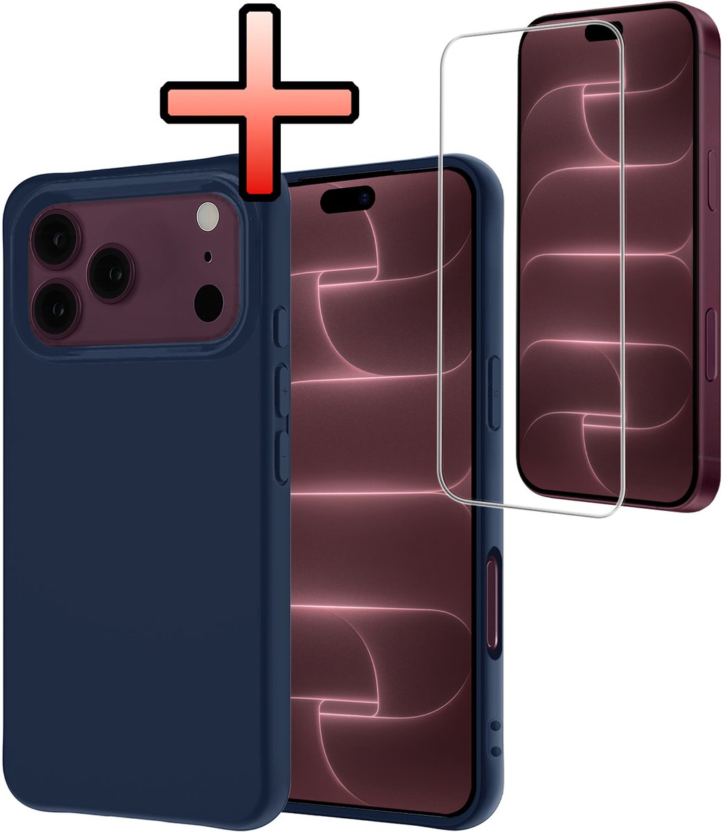 Hoesje - Met Screenprotector - Geschikt voor Apple iPhone 18 Pro Max - Sterk & Shockproof - Back Cover - Siliconen Case - Telefoon Hoes - Donkerblauw