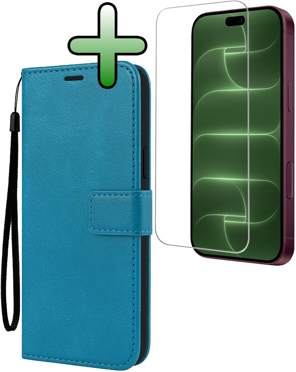 Hoesje Met Screenprotector - Geschikt voor Apple iPhone 18 Pro Max - Luxe Pasjeshouder - Bookcase Portemonee - Flip Case - Kunstleer Book Case - Flipcase - Book Cover - Walletcase - Portemonneehoes - Turquoise