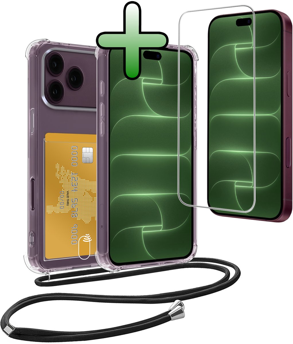 Hoes Geschikt voor iPhone 18 Pro Max Hoesje Pas Houder Shock Proof Case Hoes Met Koord Met Screenprotector - Hoesje Geschikt voor iPhone 18 Pro Max Hoes Met Telefoonkoord Pasjeshouder Cover - Transparant