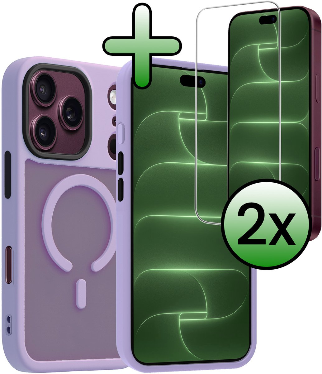 Hoesje Met 2x Screenprotector - Geschikt voor Apple iPhone 18 Pro Max - Magsafe Compatible - Sterk & Shockproof - Back Cover - Shock Proof Case - Telefoon Hoes - Lila