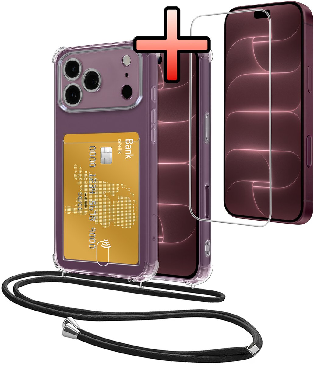Hoes Geschikt voor Apple iPhone 18 Pro Hoesje Pasjeshouder Cover Met Koord Shock Proof Case Siliconen Hoes Met Telefoonkoord en Kaarthouder Met Screenprotector - Transparant