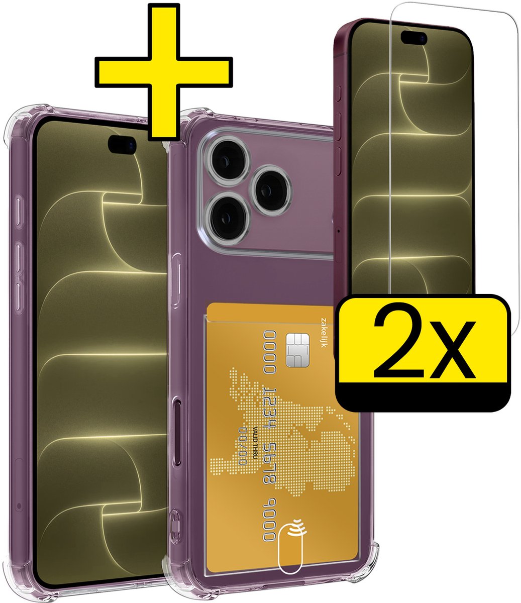 Hoesje - Geschikt voor Apple iPhone 18 Pro - Met 2x Screenprotector - Pashouder - Kaarthouder - Telefoon Hoes Shockproof - Siliconen Case - Back Cover - Shock Proof - Pasjes Houder - Telefoonhoesjes - Transparant