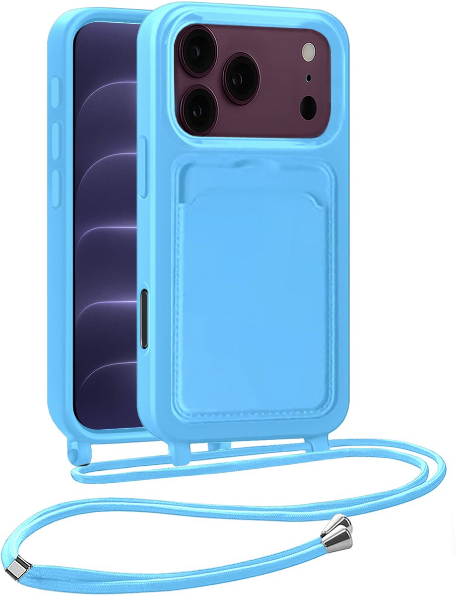 Hoesje Geschikt voor iPhone 18 Pro Hoesje Siliconen Case Met Koord - Hoes Geschikt voor iPhone 18 Pro Hoesje Backcover Met Telefoonkoord - Telefoonhoes - Lichtblauw