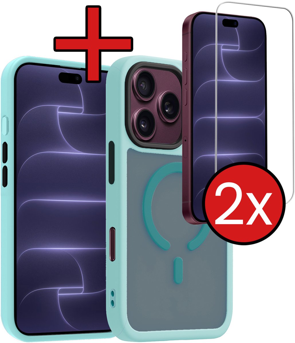 Hoesje - Met 2x Screenprotector - Geschikt voor Apple iPhone 18 Pro - Magsafe Compatible - Sterk & Shockproof - Shock Proof Case - Back Cover - Telefoon Hoes - Telefoonhoes - Lichtblauw