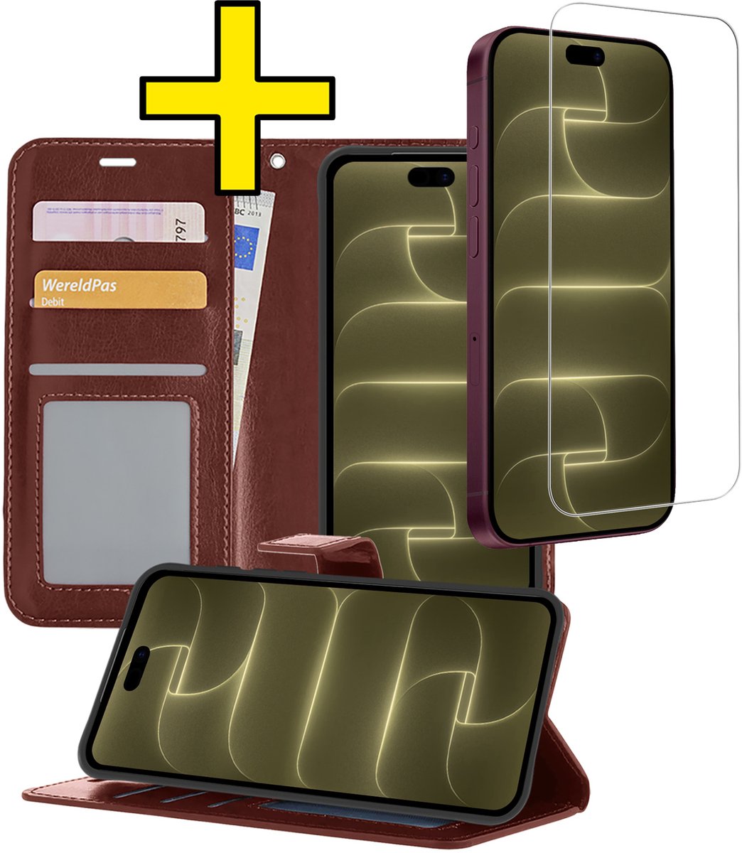 Hoesje - Met Screenprotector - Geschikt voor Apple iPhone 18 Pro - Luxe Pasjeshouder - Bookcase Portemonee - Flip Case - Kunstleer Book Case - Flipcase - Book Cover - Walletcase - Portemonneehoes - Telefoonhoesjes - Bruin