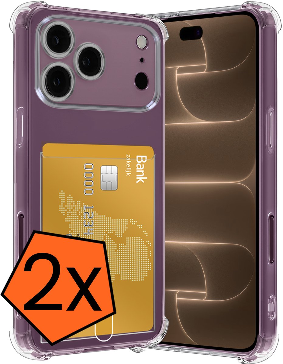 Hoes - 2 Stuks - Geschikt voor Apple iPhone 18 Pro - Met Pashouder en Kaarthouder - Telefoon Hoesje Shockproof - Siliconen Case - Back Cover - Shock Proof - Pasjes Houder - Transparant