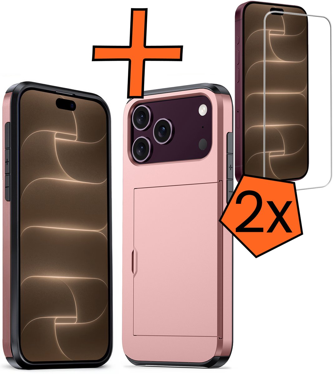 Hoesje Geschikt voor iPhone 18 Pro Hoesje Pasjeshouder Shockproof Hard Case Met 2x Screenprotector - Hoesje Geschikt voor iPhone 18 Pro Hoes Met Kaarthouder - Rosé goud