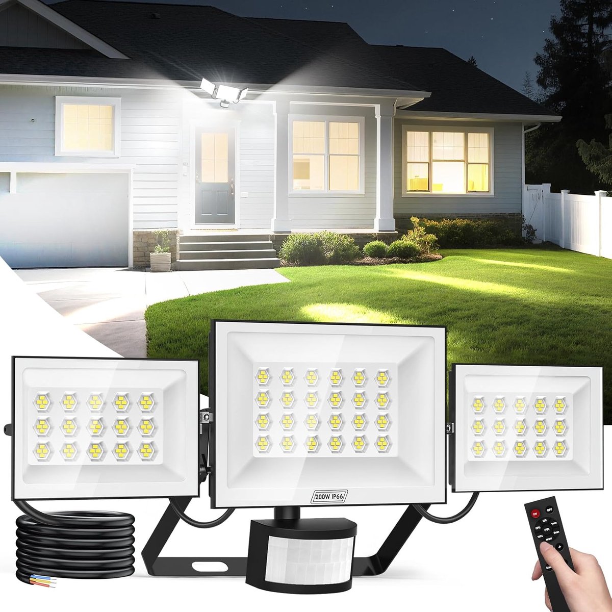 200 W led-buitenlamp met bewegingsmelder, 3 koppen, helderheid dimbaar, buitenspot met bewegingsmelder, voor garage - ShopVlot