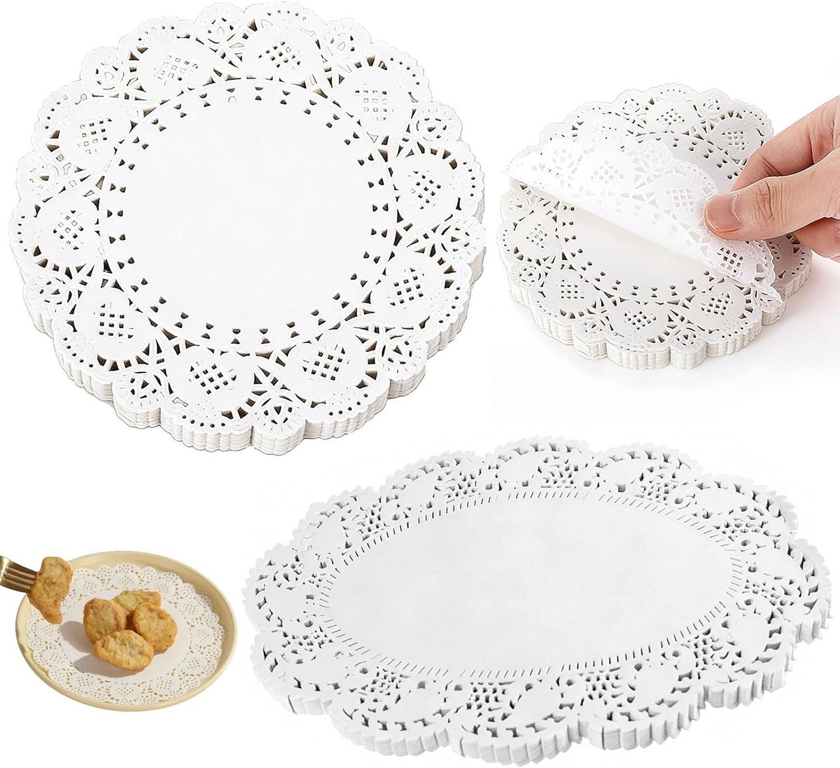 Set van 100 Witte Papieren Placemat met Kantontwerp – 50 Ronde en 50 Ovale – Ideaal voor Desserts, Maaltijden en Creatieve Projecten