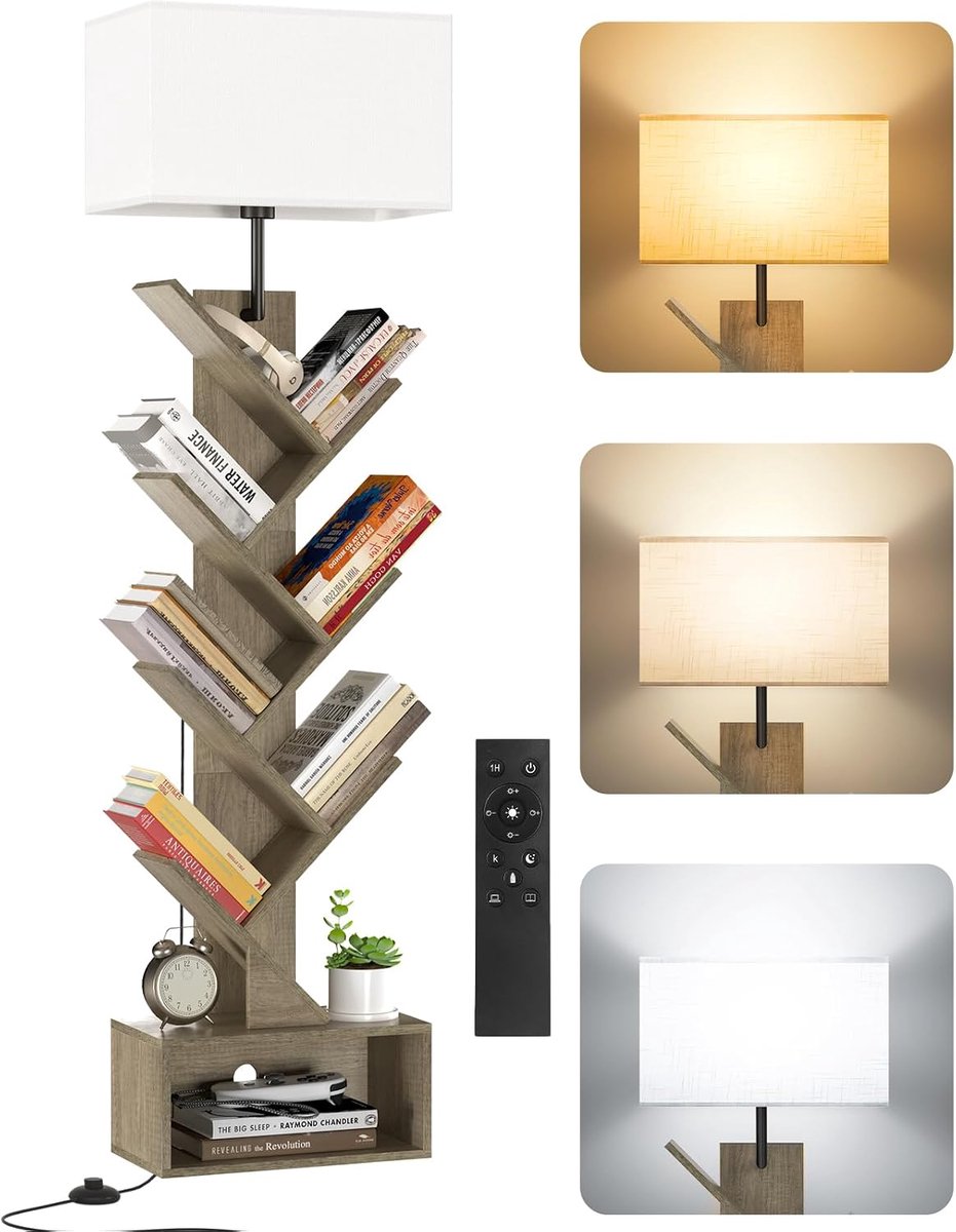 Boekenkast Boomvorm van Hout met Verlichting, Hoekrek met 6 Niveaus, Afstandsbediening & Timer – Compact Rek voor Boeken, Cd’s, Dvd’s, Woonkamer, Slaapkamer, Kinderkamer(Grey)