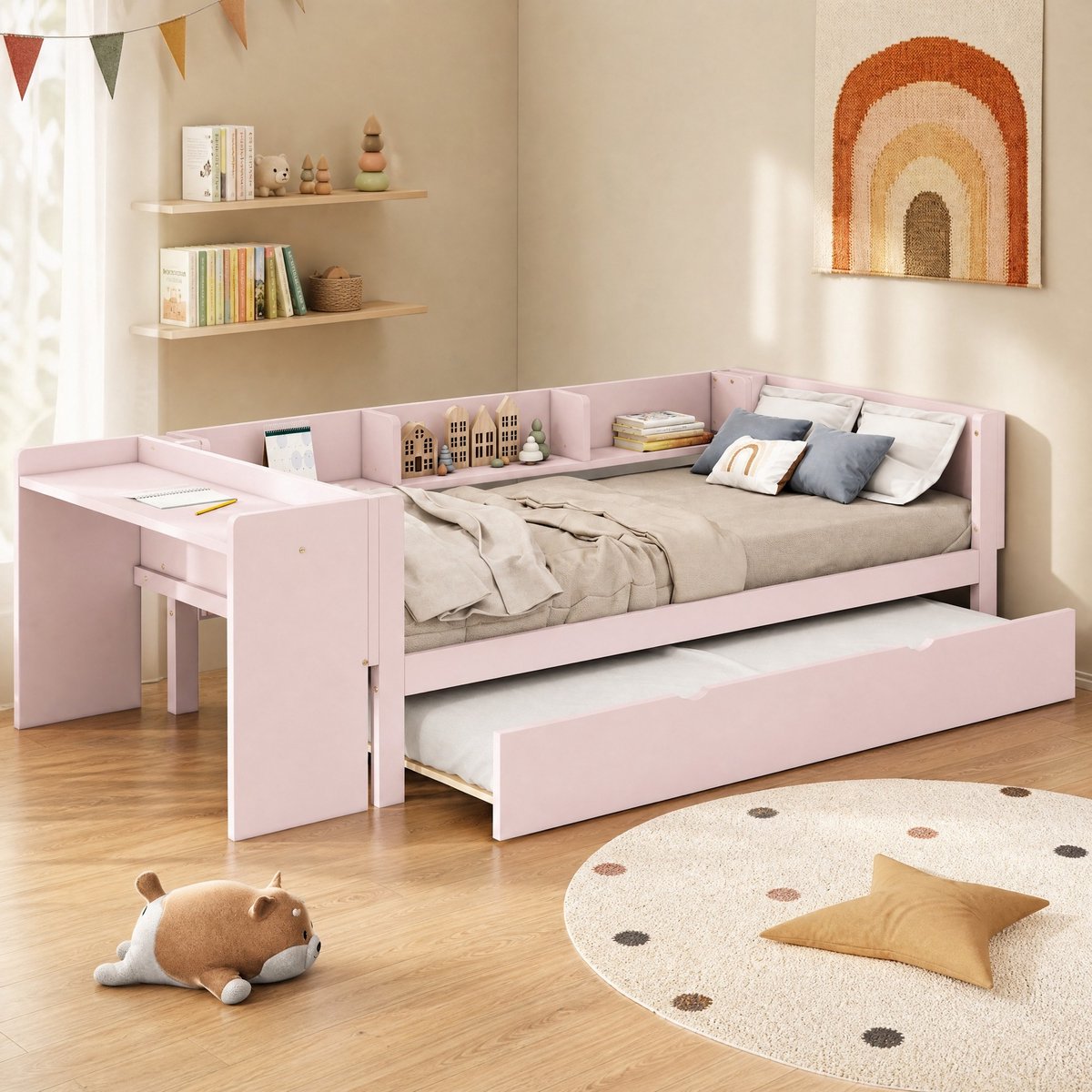 WUVRIE Kinderbed 90x200 cm met uitschuifbed, bureau en 3 zijplanken, roze
