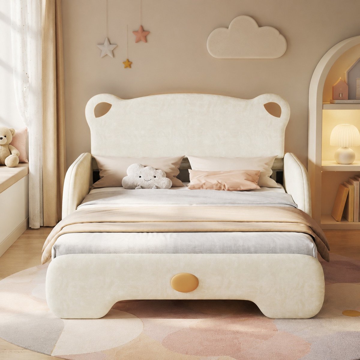 WUVRIE Kinderbed 140x200 cm met uitschuifbed, houten lattenbodem en zachte randen, beige