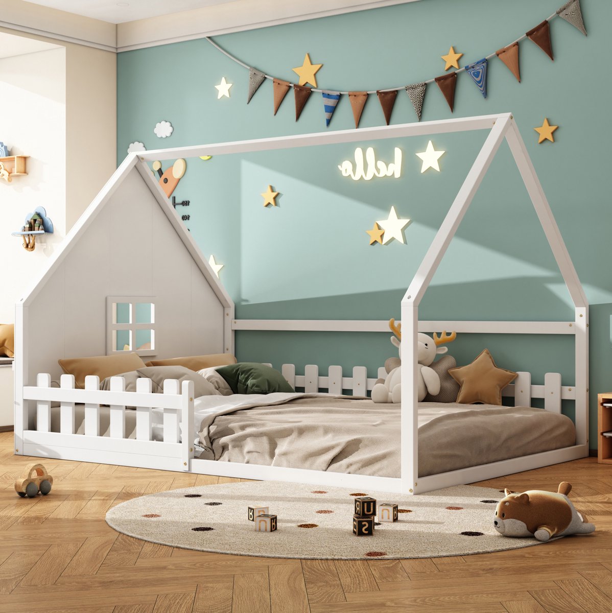 WUVRIE Kinderhuisbed 140x200 cm met bedhek en huisframe, grenenhout en MDF, wit