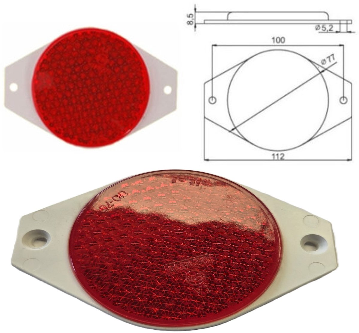 117 x 80mm rode ronde reflector met boutverbinding en e20 keurmerk - aanhangerreflector wital - schroefbare reflectoren achterkant voertuig