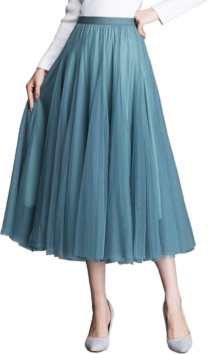 Women's Tulle Skirt Midi Pleated Skirt High Waist Chic Skirt Elastic Waist Draped Fabric - ShopVlot