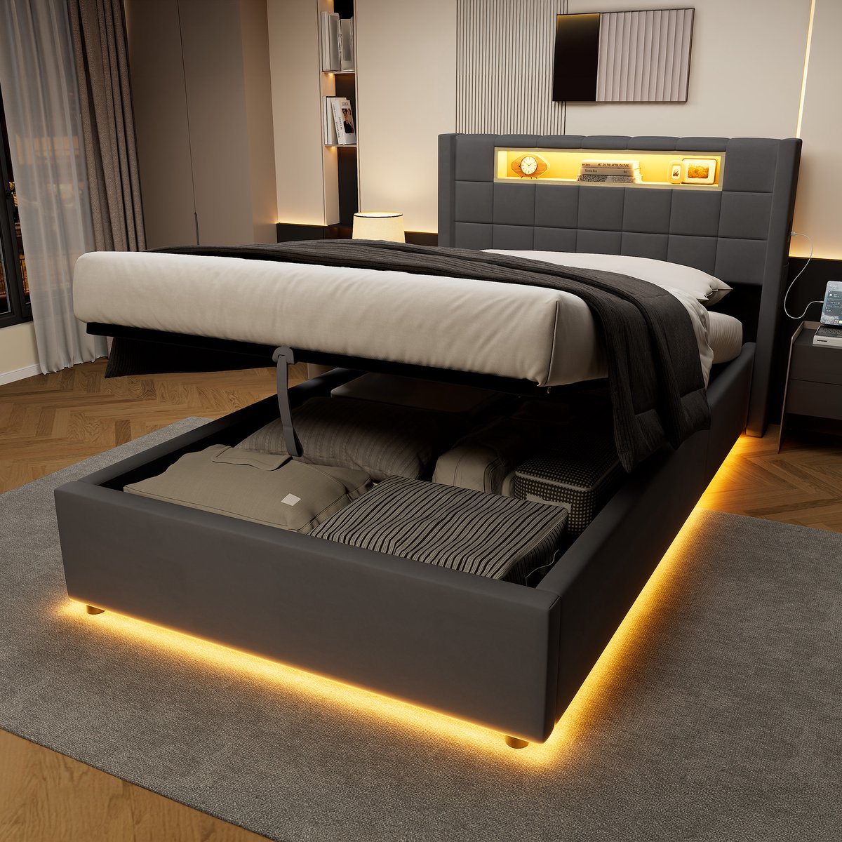 DESMIU Gestoffeerd Bed 90x200cm – Hydraulisch Stauraumbed Met Oplaadfunctie – Zonder Matras – Donkergrijs