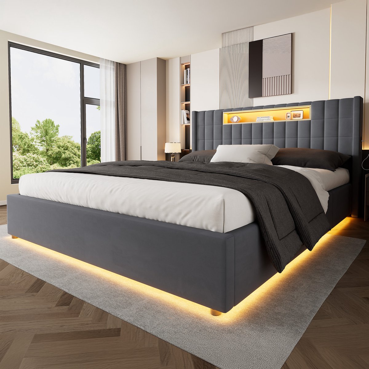 DESMIU Gestoffeerd Bed 180 x 200 cm – Tweepersoonsbed met ledlamp, laadfunctie en opbergruimte – Grijs – Zonder matras Donkergrijs