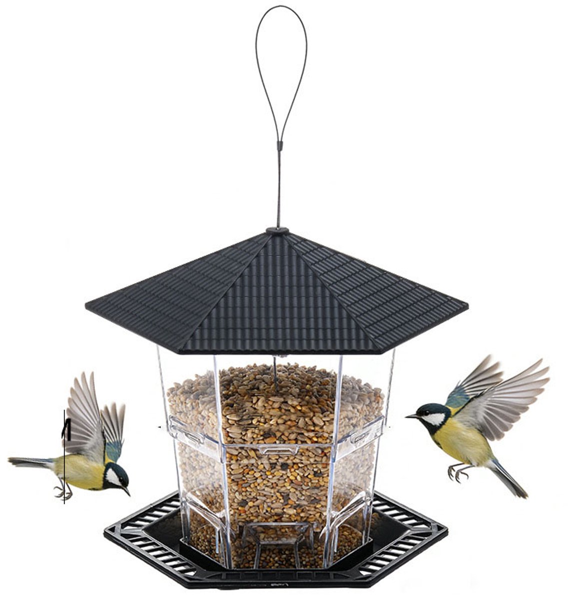Vogelvoederhuisje - Hangend vogelvoederhuisje voor buiten - Geschikt voor alle seizoenen - Dakvormig - 20x22 cm - Ideaal om vogels aan te trekken, tuinen en terrassen te decoreren en papegaaien te voeren - Zwart