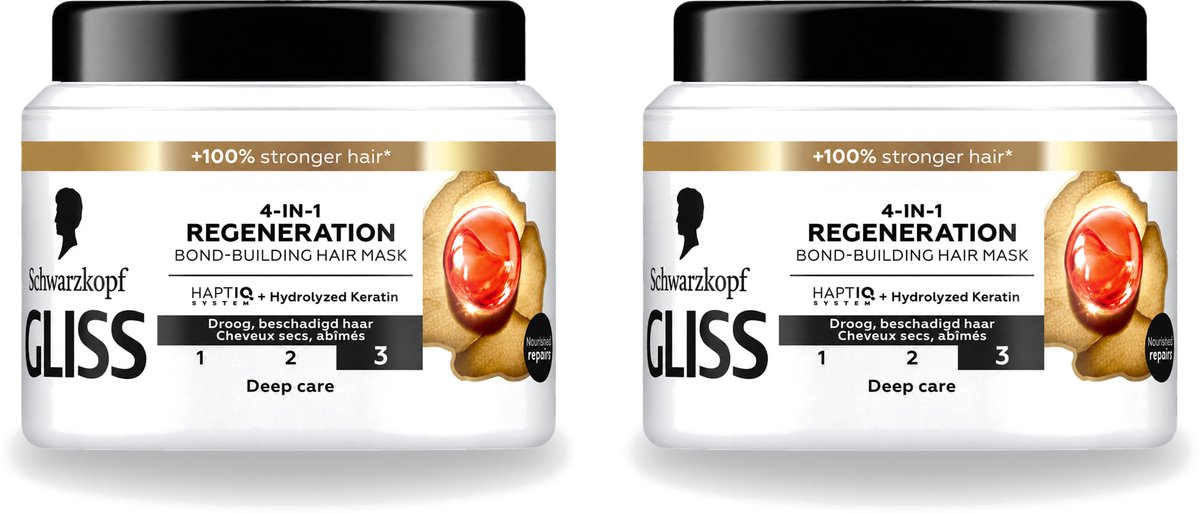 2 x Gliss - Haarmasker - 4in-1 Hair Mask - Voor Diep Herstel - 400 ml - Voordeelverpakking - 2 stuks
