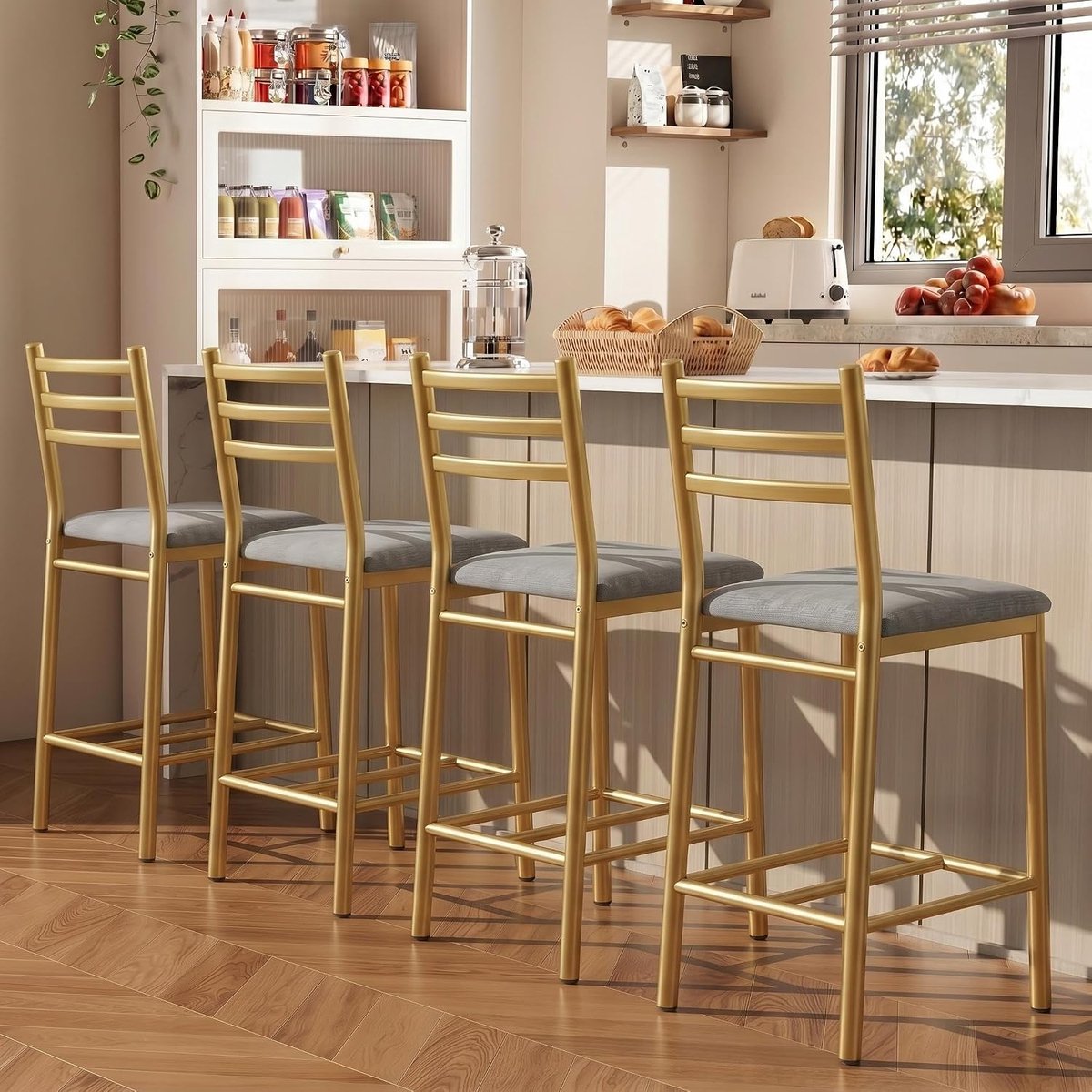 Barkrukken Set van 4 - Houten Rugleuning Barstoelen PU Kussen 113kg - Goud