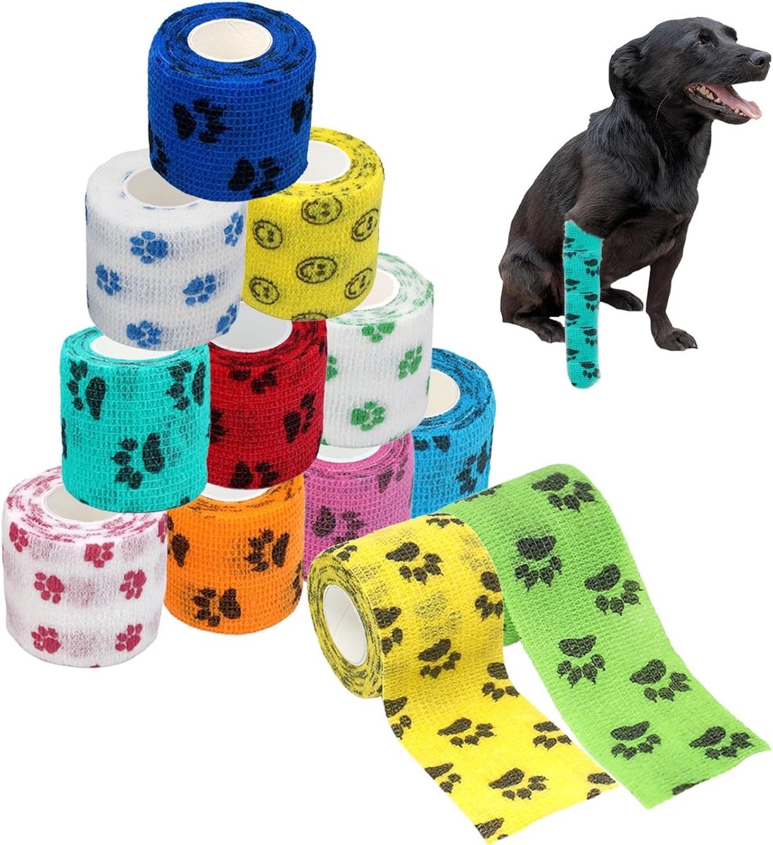 Set van 12 Zelfklevende Elastische Verbanden voor Huisdieren, Fixatie Verband voor Honden, Katten en Paarden, Ideaal voor Wonden en Bescherming