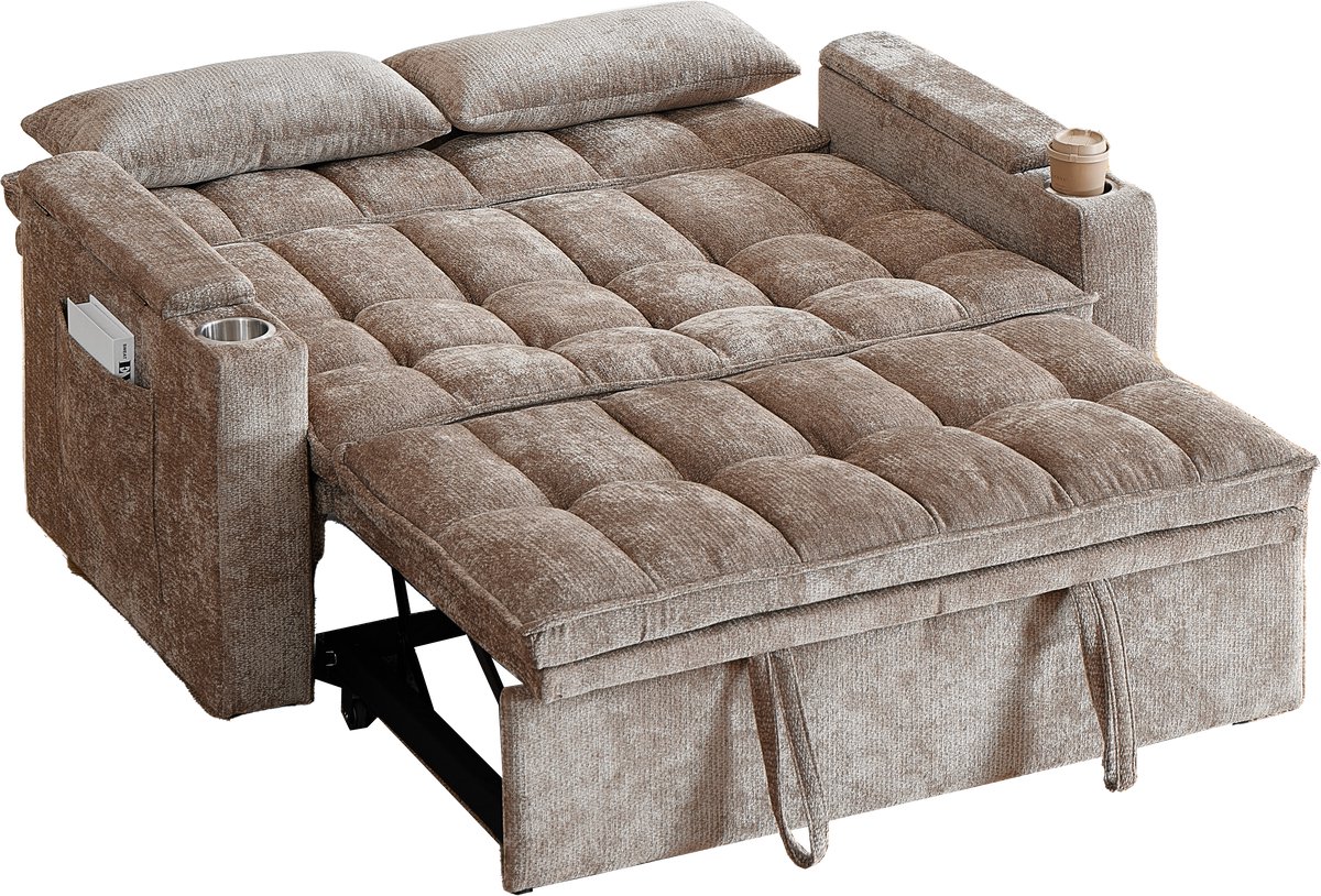 OKWISH Slaapbank 142 Cm - Drievoudig Met Ligfunctie - Voor Woonkamer Of Logeerkamer - Chenille - Bruin