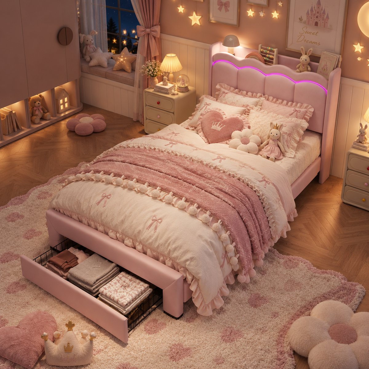 Welltin Kinderbed 90x200 cm - Eenpersoonsbed - Prinsessenbed - Gestoffeerd bed - Multifunctioneel bed - Opbergbed - Met lades - Met hoofdbord - Met led-lichtstrip - Flueel - Stevige constructie - Roze