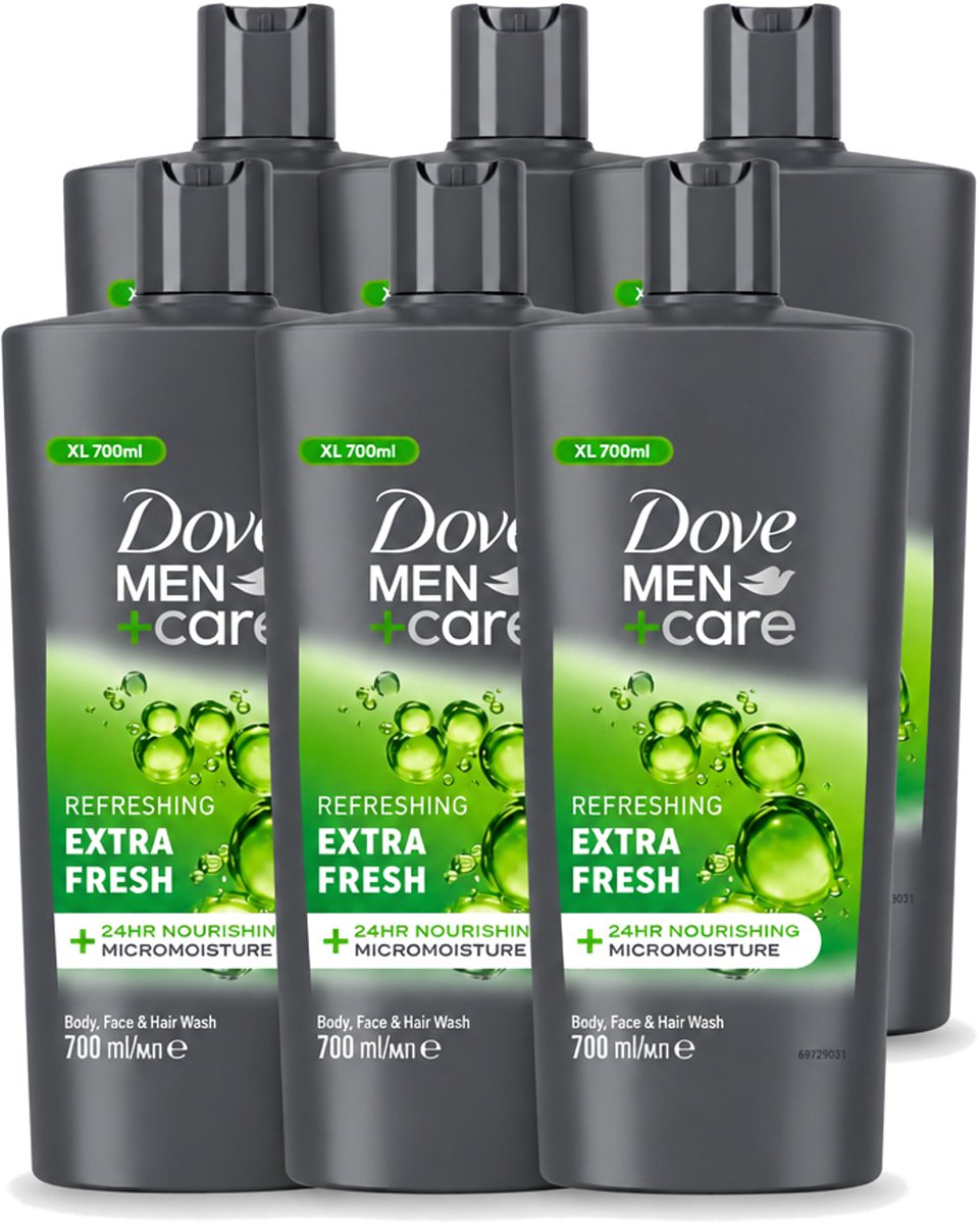 6 x Dove Men+Care - Extra Fresh - Douchegel 3-in-1 - Verzorgend - 700 ml - Voordeelverpakking - 6 stuks