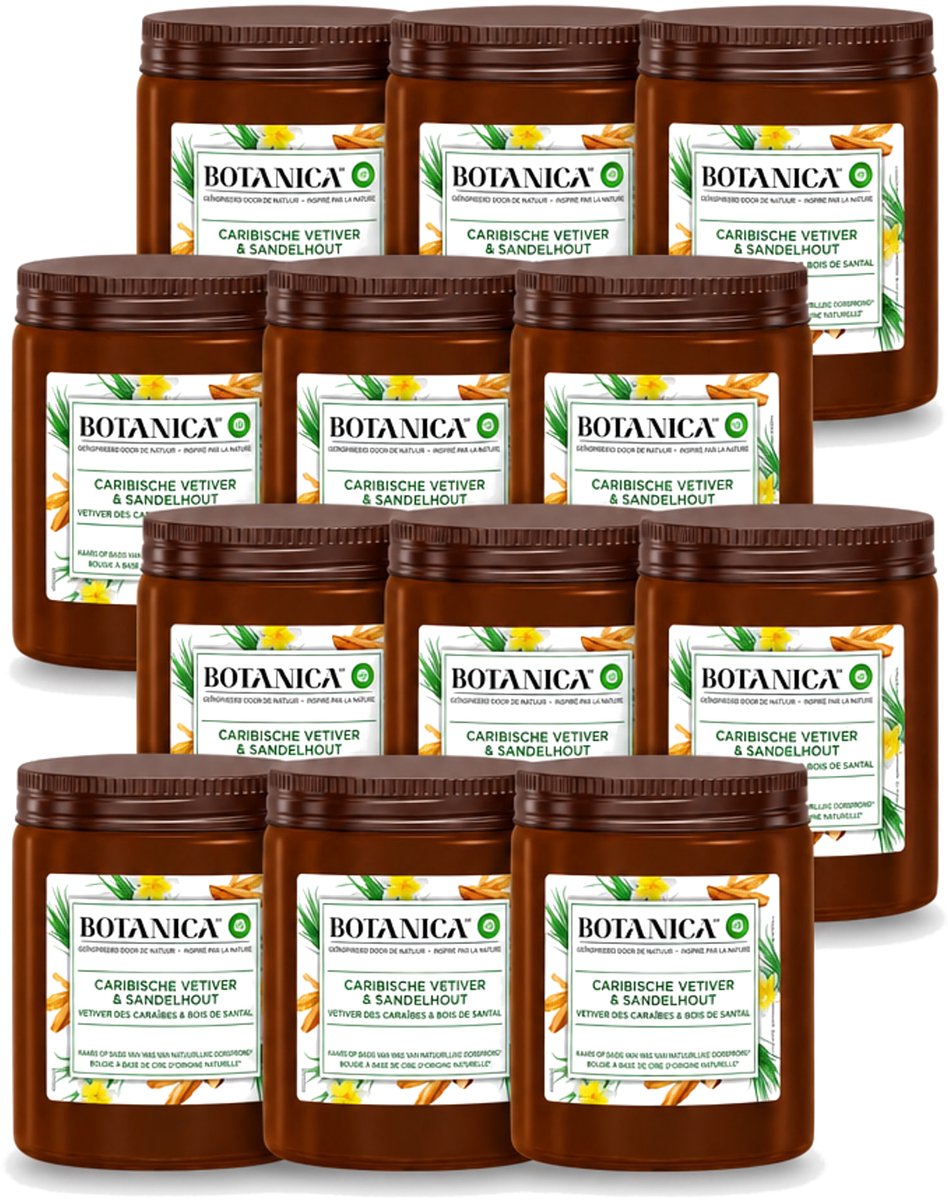 Air Wick 12 x Botanica by Air Wick - Geurkaars - Vetiver & Sandelhout - 40 Uur Brandduur - Voordeelverpakking - 12 stuks Bruin