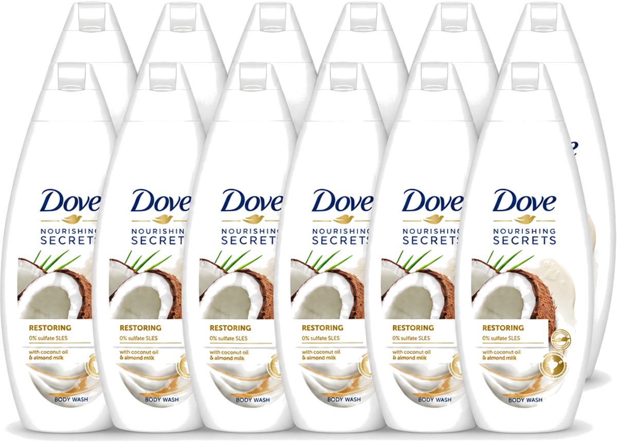 12 x Dove Nourishing Secrets - Douchegel - Kokosolie & Amandel melk - Sulfaatvrij - 250 ml - Voordeelverpakking - 12 stuks