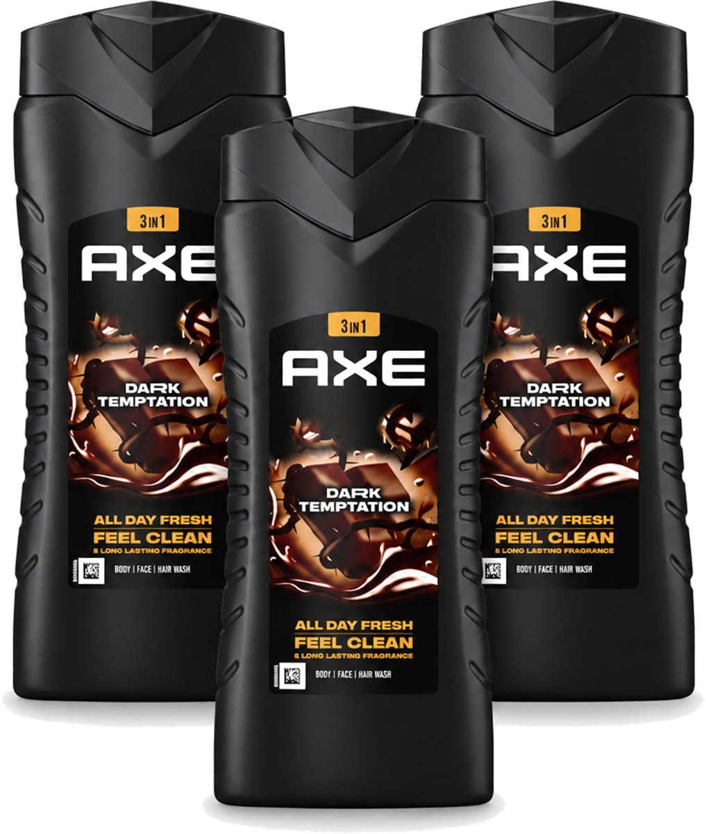 3 x Axe XL - 3-in-1 Douchegel - Dark Temptation - Dark Chocolate - 12hrs Long Lasting Scent - 400 ml - Voordeelverpakking - 3 stuks