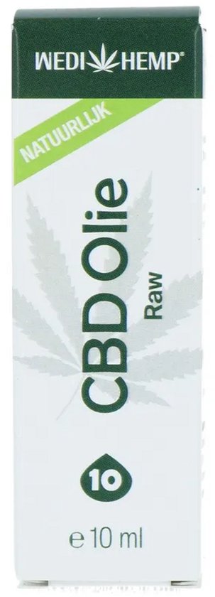 Voorzijde van wit Wedihemp CBD Olie Raw doosje met groen logo, 10 ml inhoud en hennepplant-motief.