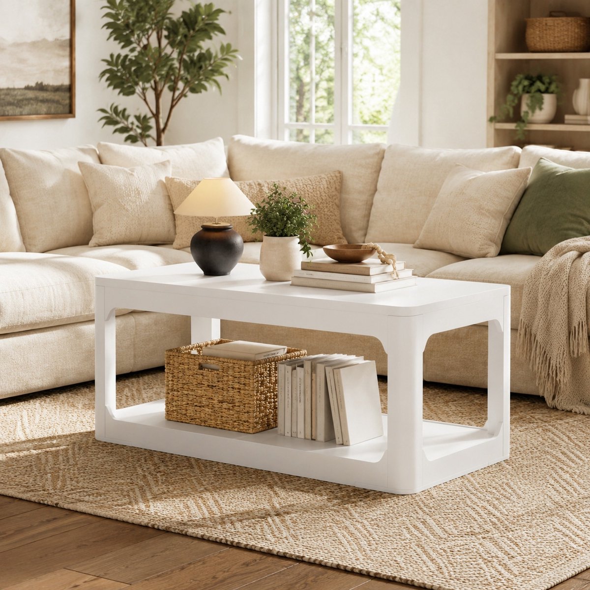 REDOM Salontafel met twee open opbergniveaus - 3 cm dik MDF tafelblad - Moderne stijl - Woonkamer en slaapkamer - Wit - 100 x 50 x 44,5 cm