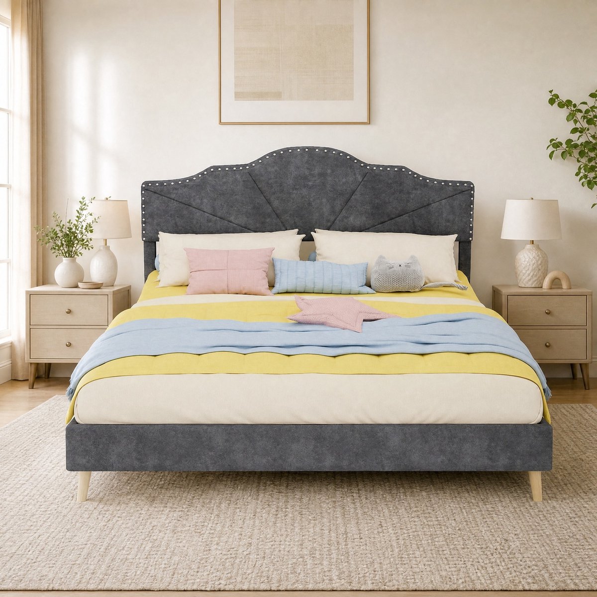 WUVRIE Gestoffeerd bedframe 160x200 cm met lattenbodem en geometrisch hoofdbord, grijs