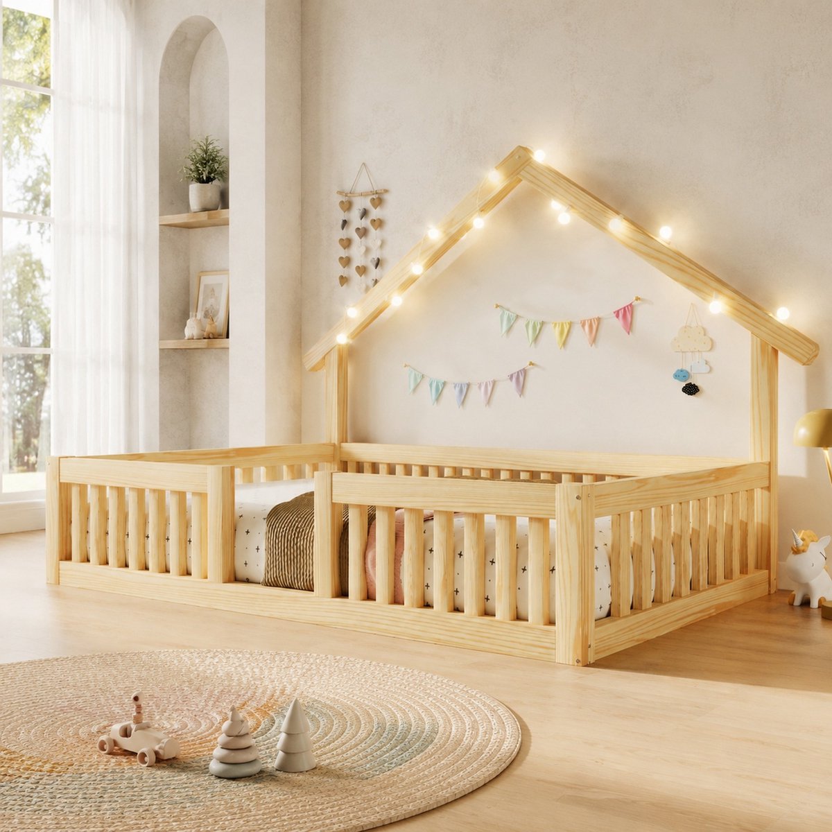 MIVRAY Kinderbed 90x200 cm - Huisbed Met Uitvalbeveiliging En Ledlichtslinger - Zonder Matras - Voor Kinderkamer - Hout En MDF - Natuurkleur Naturel