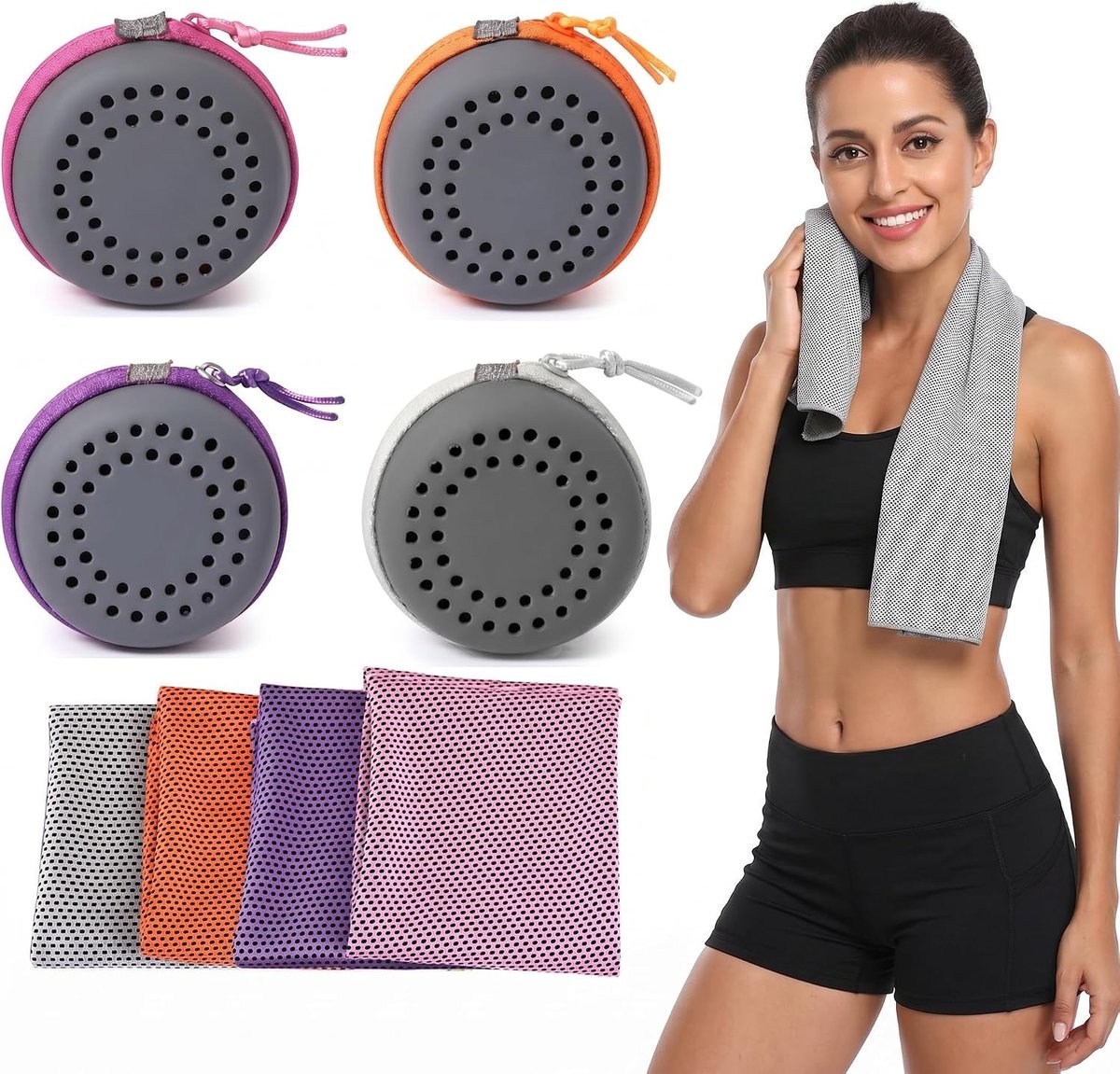 Verkoelende handdoeken set van 4, 90 x 30 cm, sneldrogende sporthanddoeken met siliconen hoezen voor yoga, golf en outdoor activiteiten (grijs, paars, roze, oranje)