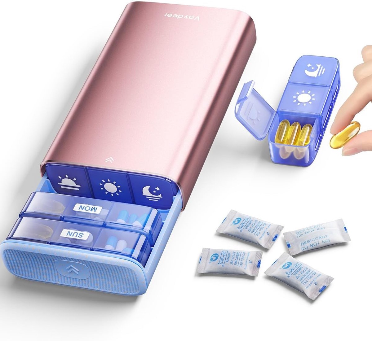 Pillendoos voor 7 Dagen in Roségoud met 3 Compartimenten – Luxe Verwijderbare Organizer met Vochtbescherming, Grote Capaciteit voor Vitaminen en Supplementen
