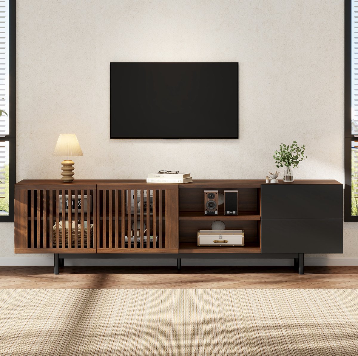 COVREO TV-meubel met 2 lades en deuren – 160x38x50 cm – Lowboard met open vakken – Mediakast voor woonkamer – Walnootkleur en zwart