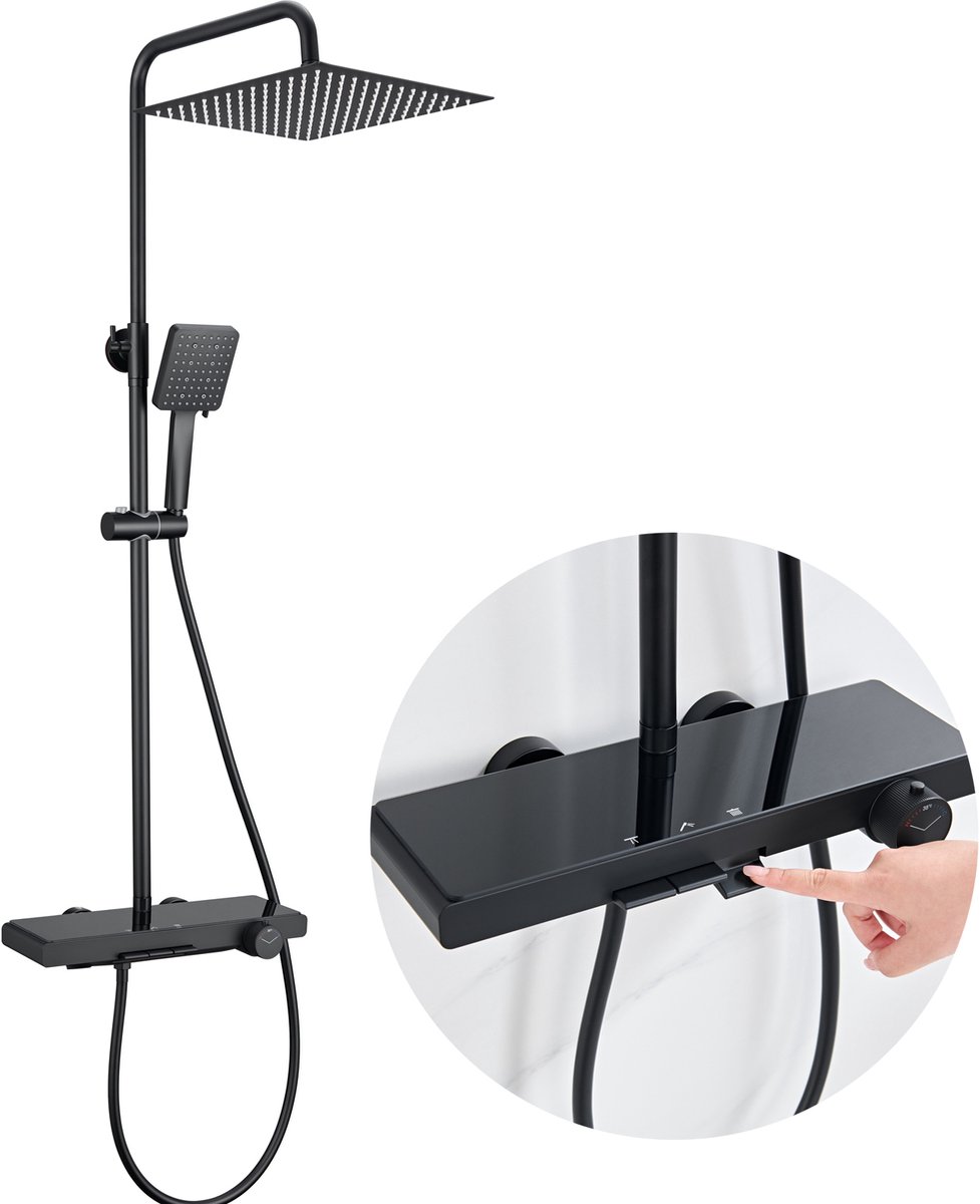 Auralum Max Luxe Regendouche met Thermostaatkraan - Doucheset met Badkraan - Ø 30 cm Douchekop - Handdouche Met 6 standen - Regendoucheset met Pianotoetsen - Grote Opbergplaat - Zwart