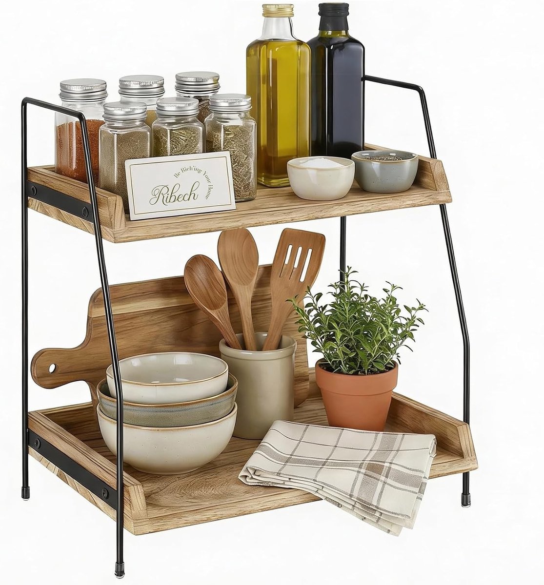 Organisatiekast met 2 Niveaus | Houten Planken en Stalen Frame voor Keuken, Badkamer of Bar | Opslagoplossing voor Koffie en Cosmetica | Eenvoudige Montage, Bruin, Stijlvol en Functioneel