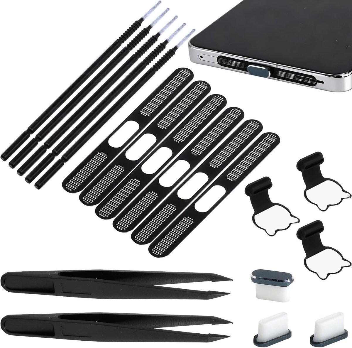 63-delige USB C stofbeschermingsset met telefoonluidsprekerhoes, mesh sticker, pincet en reinigingspen voor optimale bescherming van mobiele telefoons zoals iPhone 17, 16 en 15