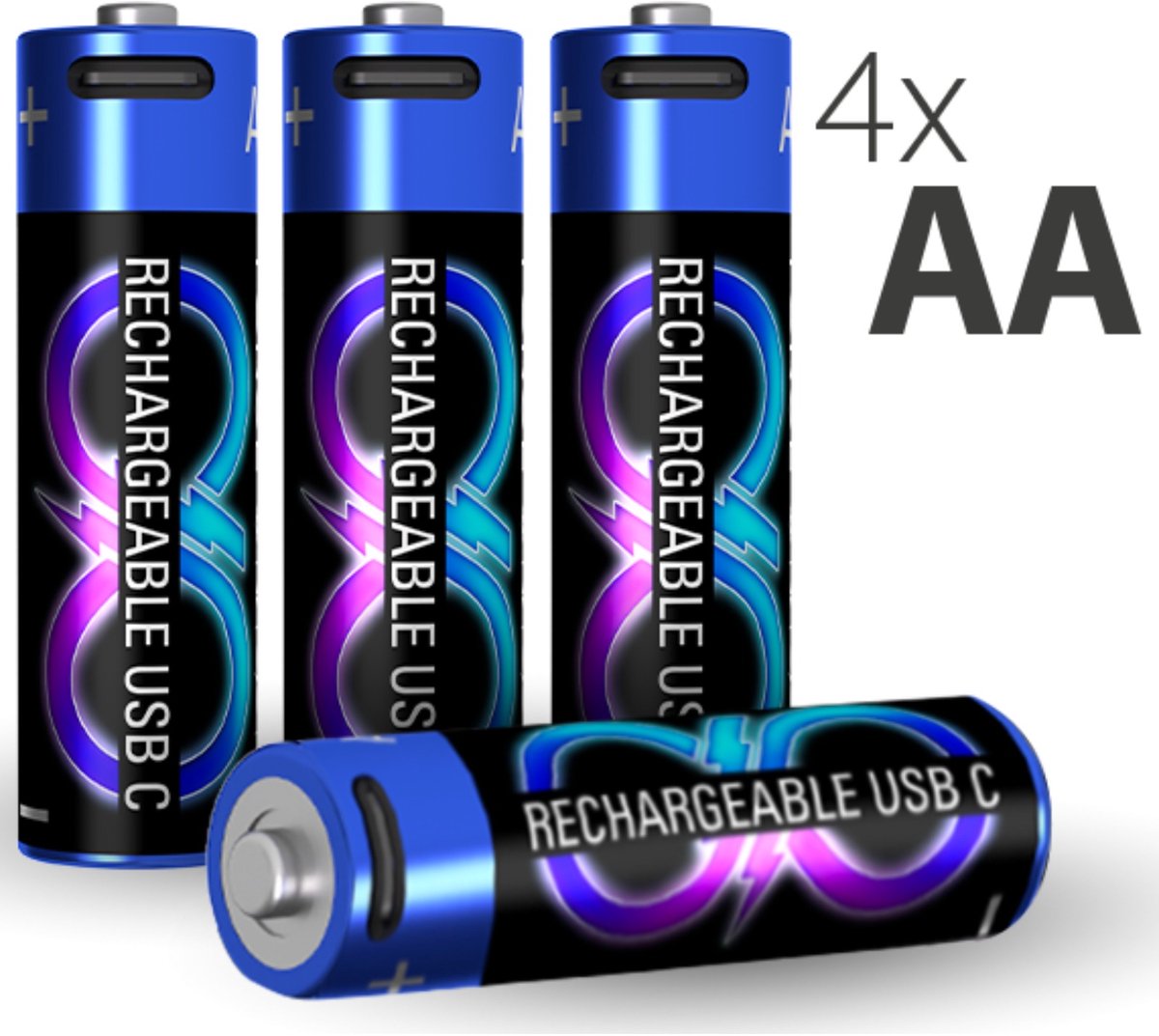 Force Case, Set van 4 Oplaadbare Batterijen USB-C Type LR6 / AA met Oplaadkabel, Zwart / Blauw